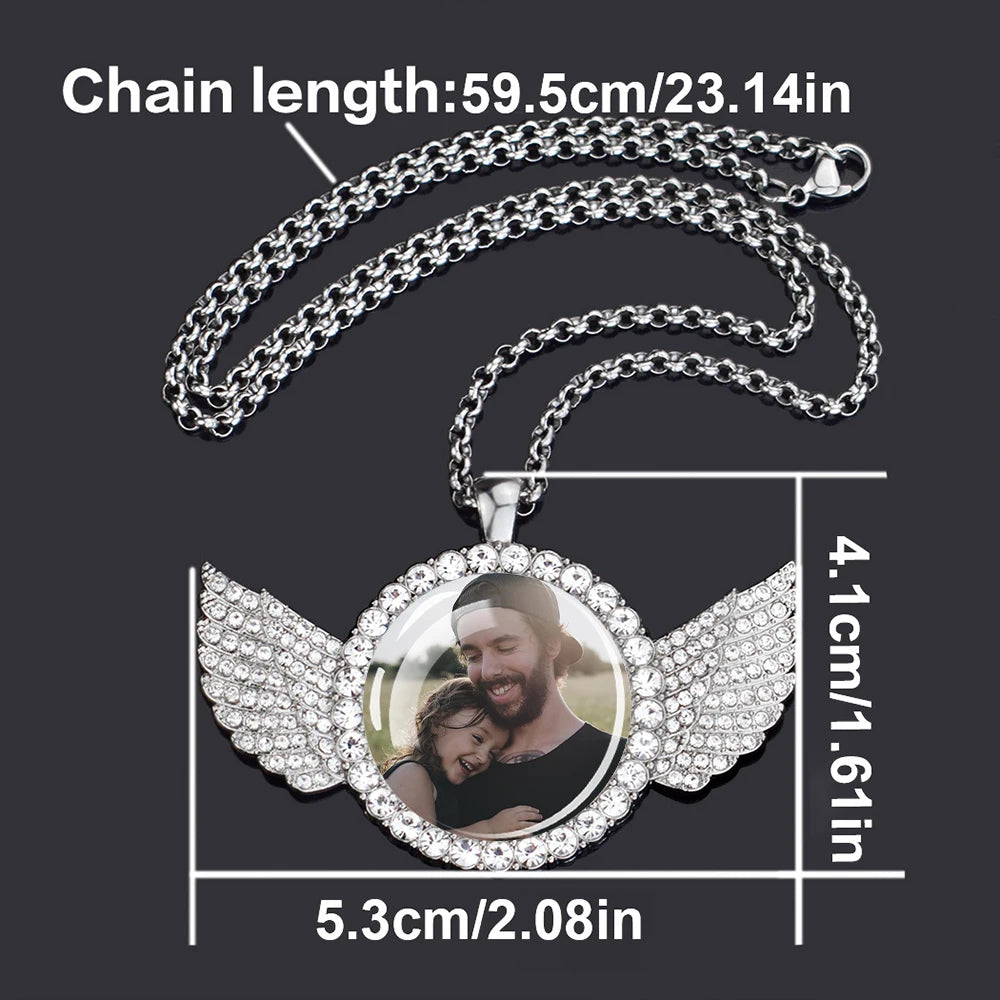 Custom Photo Memory Necklace with Angel Wings – Personalized Picture Pendant (Gold & Diamond Accents)