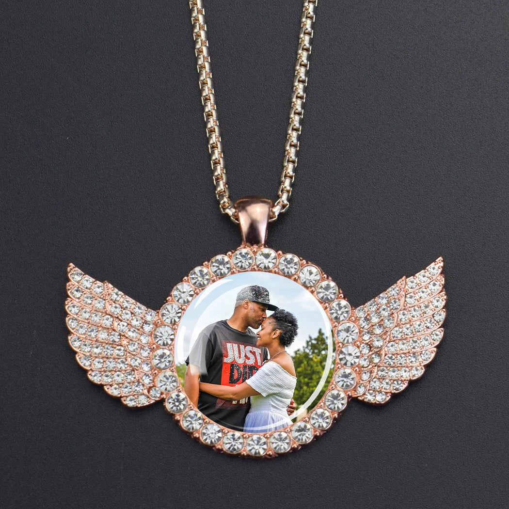 Custom Photo Memory Necklace with Angel Wings – Personalized Picture Pendant (Gold & Diamond Accents)