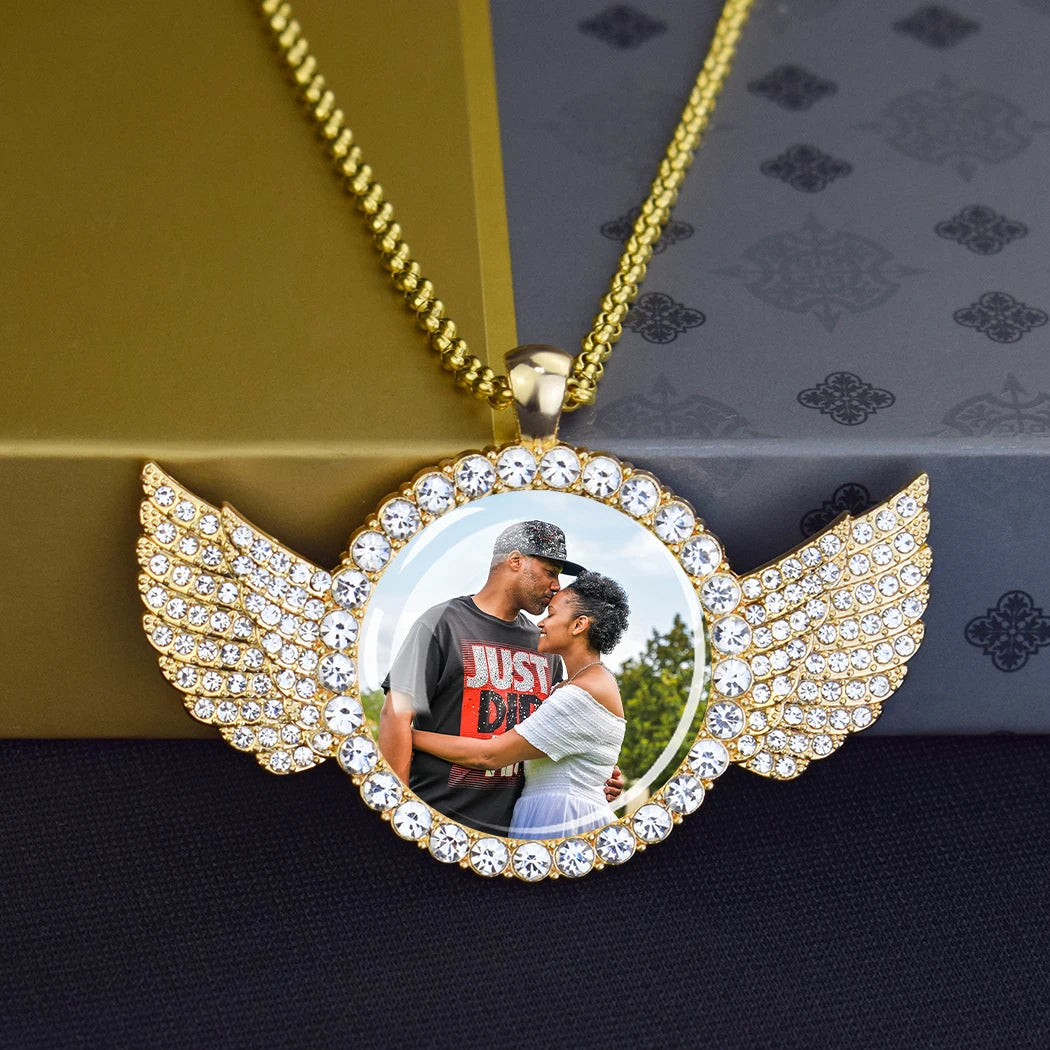 Custom Photo Memory Necklace with Angel Wings – Personalized Picture Pendant (Gold & Diamond Accents)