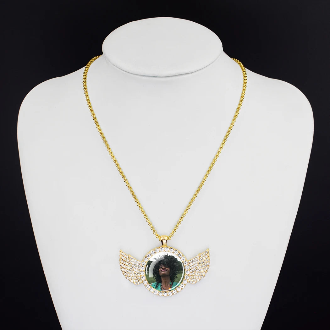 Custom Photo Memory Necklace with Angel Wings – Personalized Picture Pendant (Gold & Diamond Accents)
