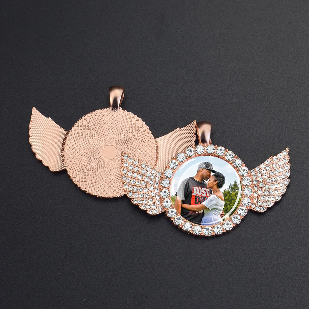 Custom Photo Memory Necklace with Angel Wings – Personalized Picture Pendant (Gold & Diamond Accents)