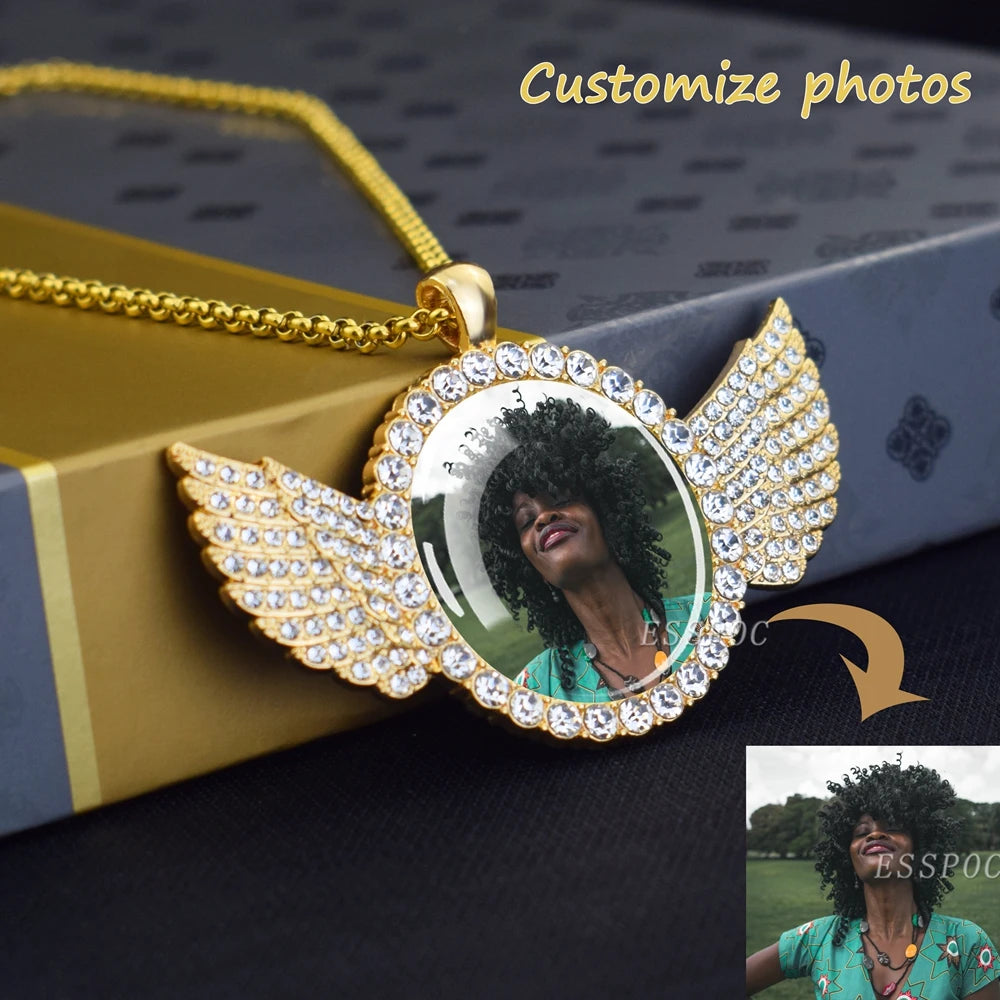 Custom Photo Memory Necklace with Angel Wings – Personalized Picture Pendant (Gold & Diamond Accents)