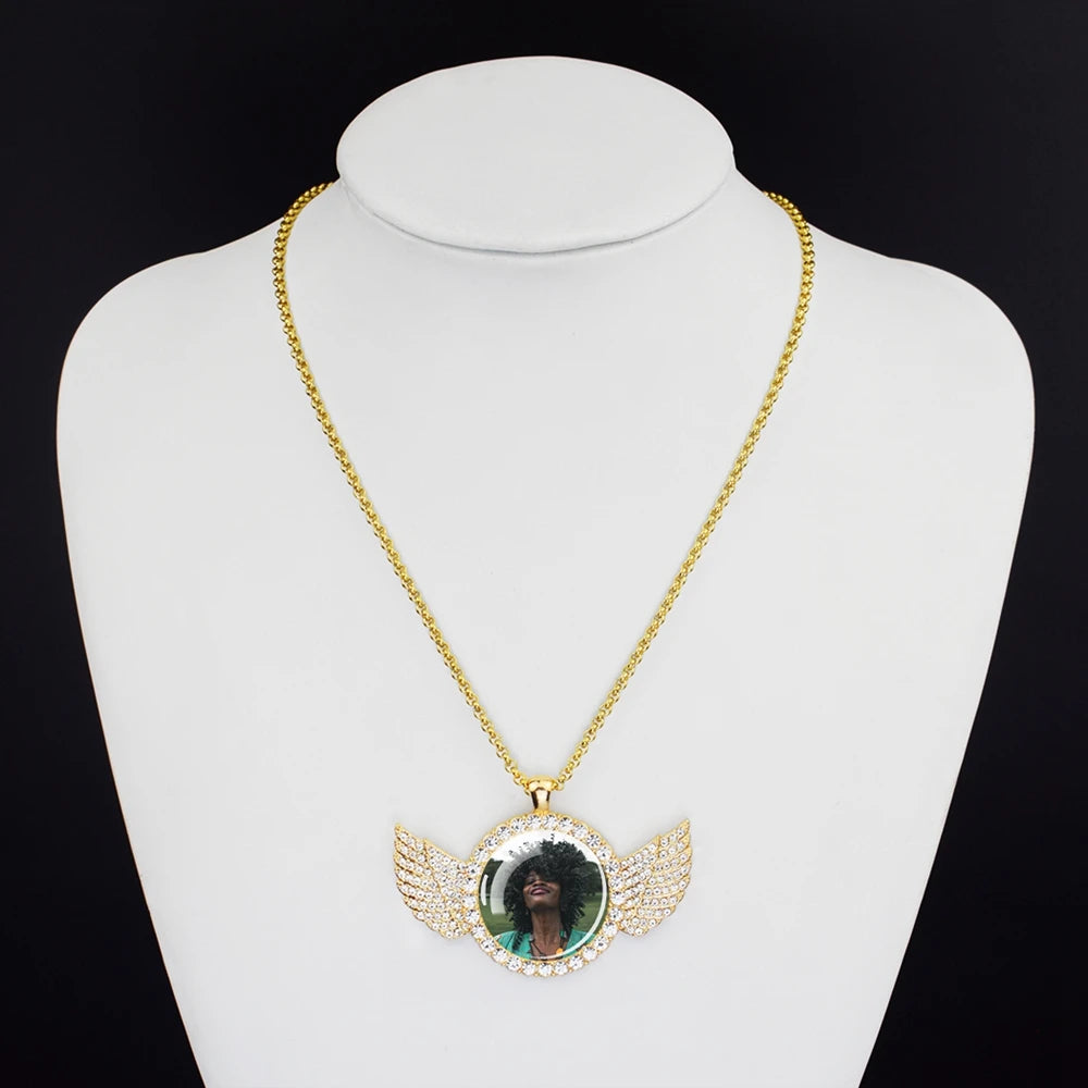 Custom Photo Memory Necklace with Angel Wings – Personalized Picture Pendant (Gold & Diamond Accents)