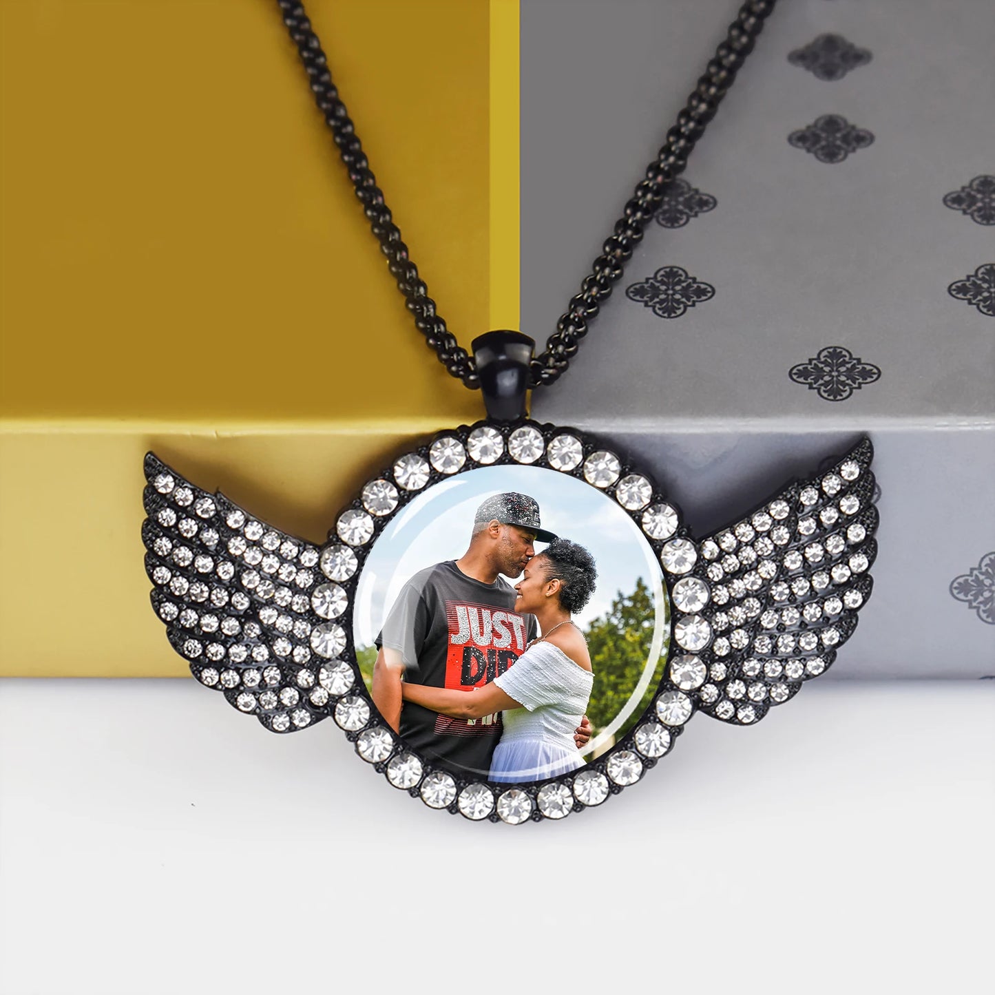 Custom Photo Memory Necklace with Angel Wings – Personalized Picture Pendant (Gold & Diamond Accents)