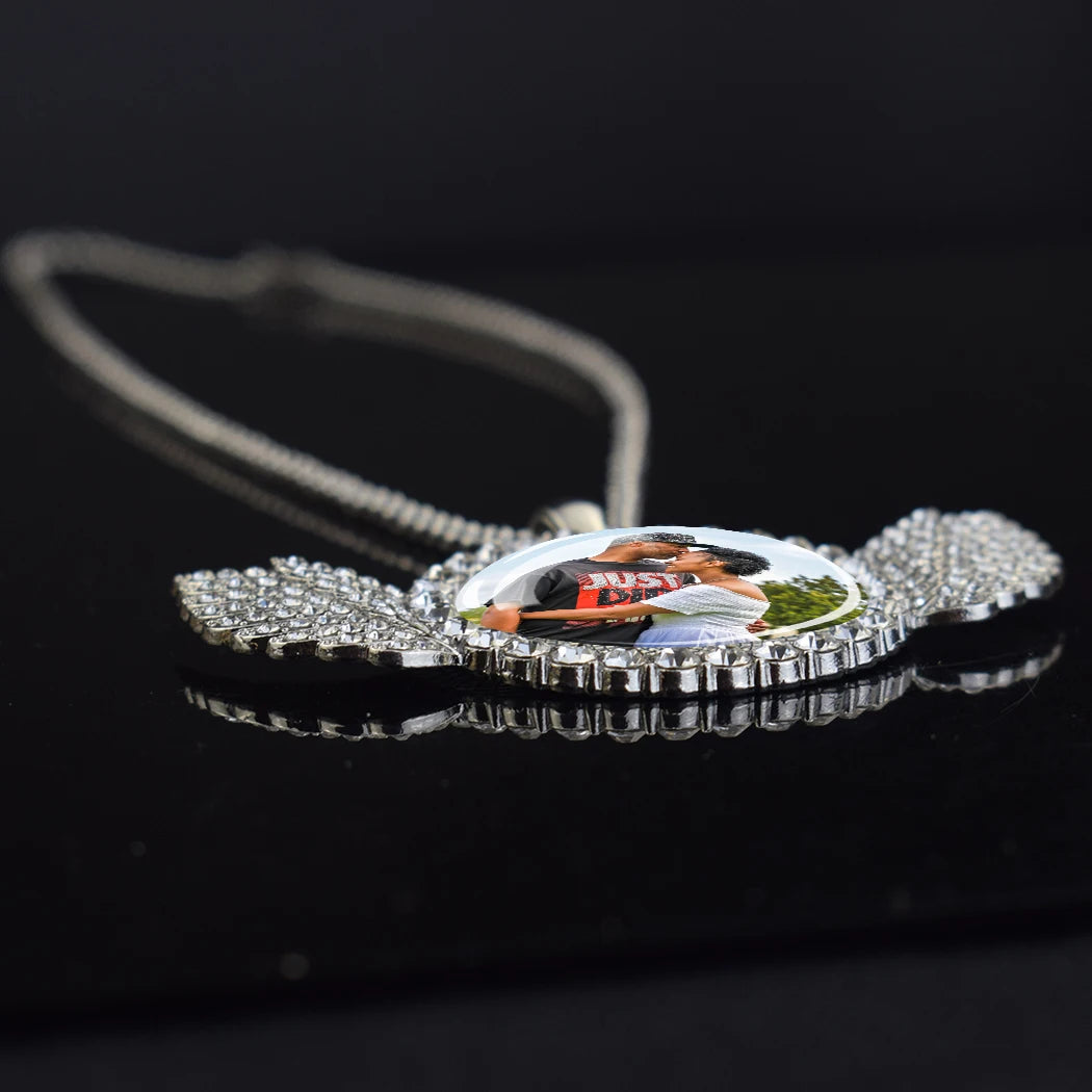 Custom Photo Memory Necklace with Angel Wings – Personalized Picture Pendant (Gold & Diamond Accents)