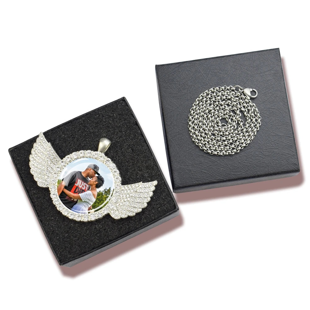 Custom Photo Memory Necklace with Angel Wings – Personalized Picture Pendant (Gold & Diamond Accents)