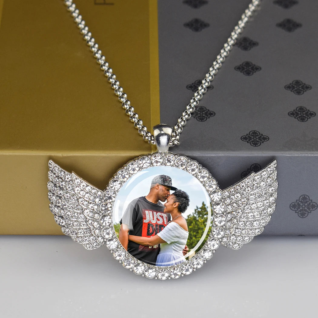 Custom Photo Memory Necklace with Angel Wings – Personalized Picture Pendant (Gold & Diamond Accents)